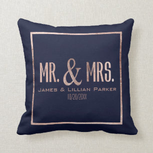 Rose Gold Navy Blue Mr. and Mrs. Monogram Wedding Cushion