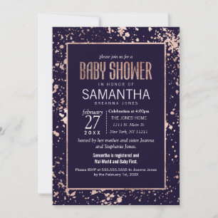 Rose Gold Navy Blue Paint Splatters Baby Shower Invitation