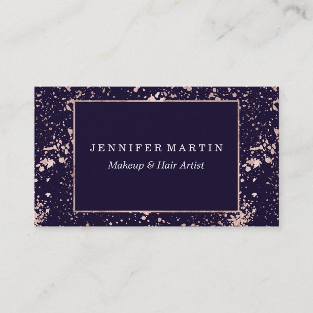 Rose Gold Navy Blue Paint Splatters Business Card (Front)