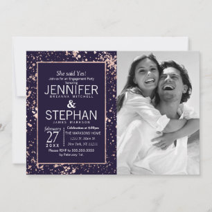 Rose Gold Navy Blue Paint Splatters Engagement Invitation