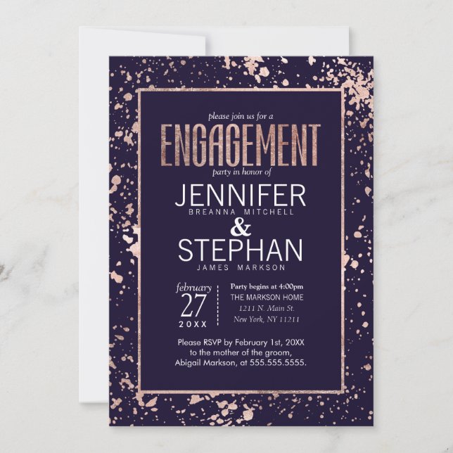 Rose Gold Navy Blue Paint Splatters Engagement Invitation (Front)