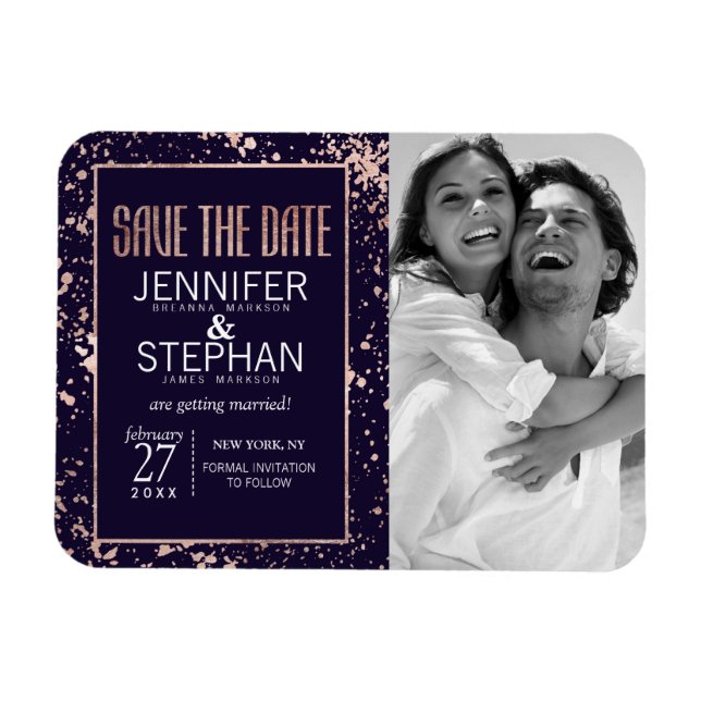 Rose Gold Navy Blue Paint Splatters Save the Dates Magnet (Horizontal)