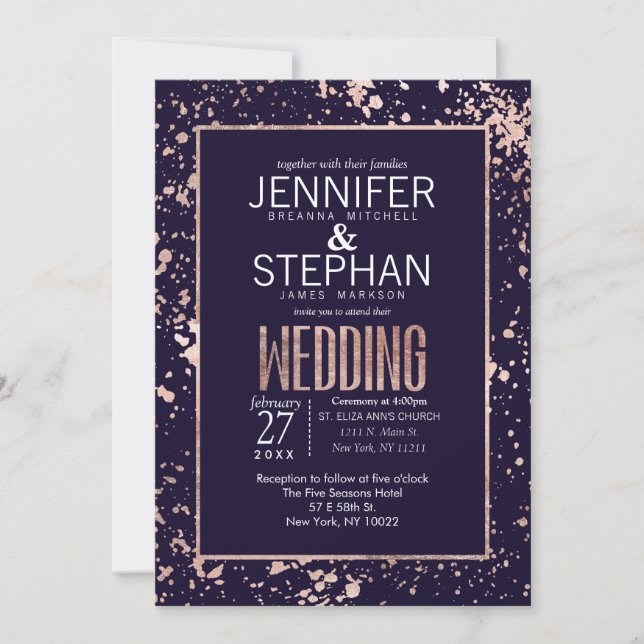 Rose Gold Navy Blue Paint Splatters Wedding Invite (Front)