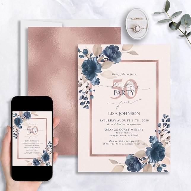 Rose Gold Navy Blue Pink 50th Birthday Floral  Invitation (Creator Uploaded)