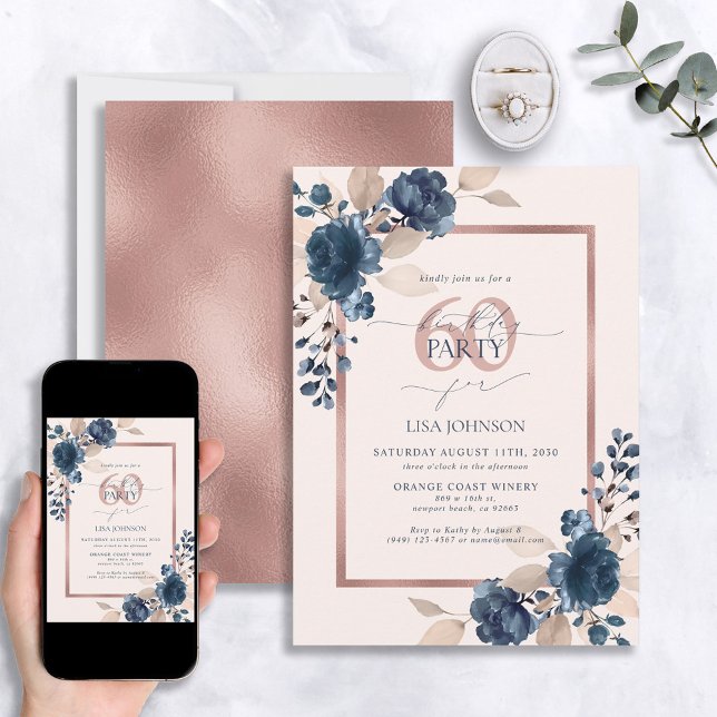 Rose Gold Navy Blue Pink 60th Birthday Floral  Invitation (Creator Uploaded)