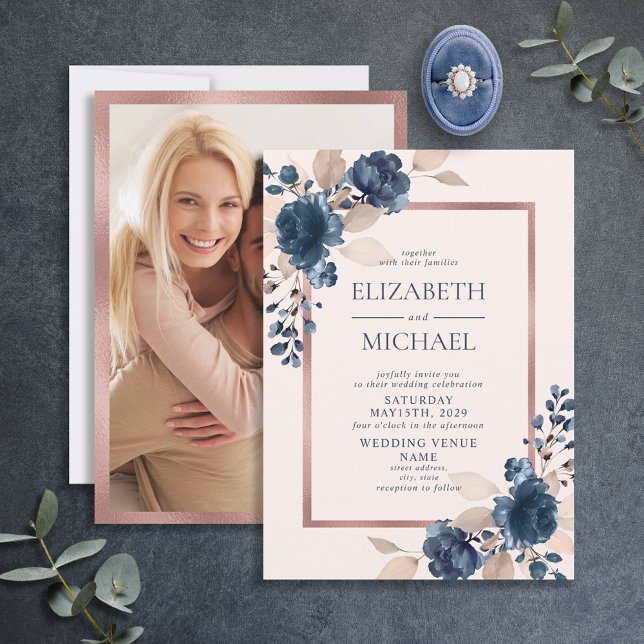 Rose Gold Navy Blue Pink Floral Photo Wedding Invitation (Creator Uploaded)