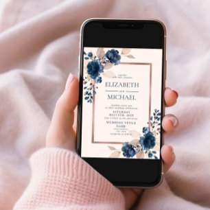 Rose Gold Navy Blue Pink Floral Photo Wedding Invitation