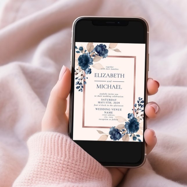 Rose Gold Navy Blue Pink Floral Photo Wedding Invitation (Creator Uploaded)