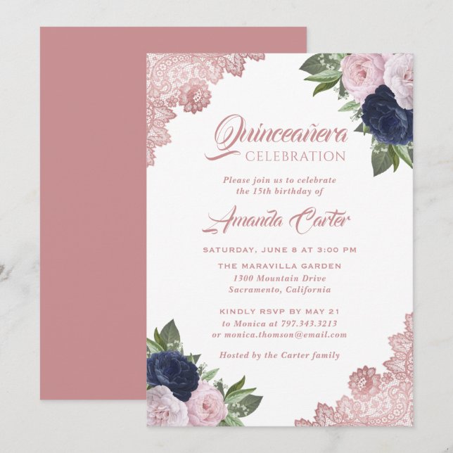 Rose Gold Navy Blue Quinceañera 15th Birthday Invitation (Front/Back)