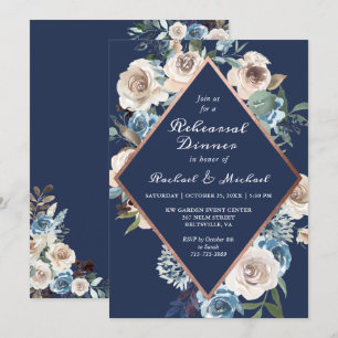 Rose Gold Navy Blue Rustic Floral Rehearsal Dinner Invitation