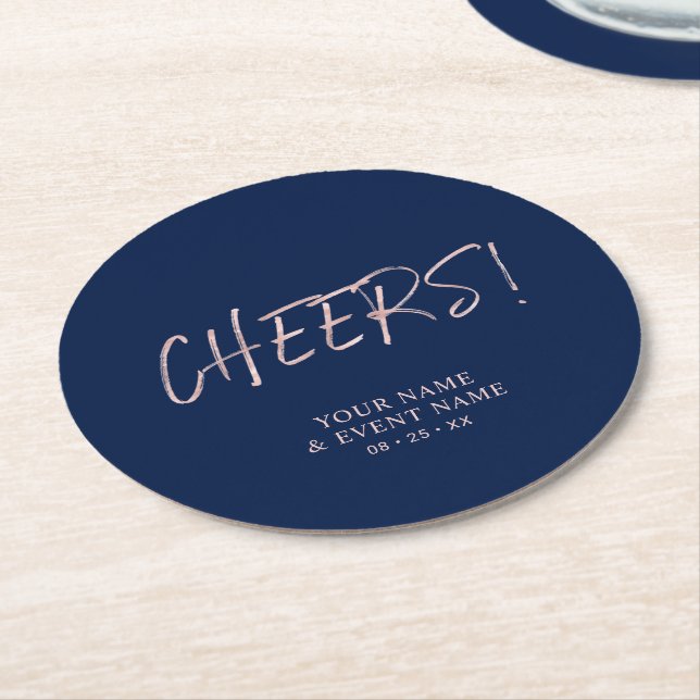 Rose Gold & Navy Blue Simple Cheers Party Decor Round Paper Coaster (Angled)