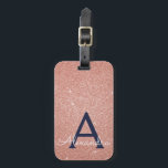Rose Gold Navy Blue Sparkle Glitter Monogram Luggage Tag<br><div class="desc">Blush Pink - Rose Gold and Navy Blue Sparkle Glitter Monogram Name and Initial Luggage Tag. This bag tag is perfect for Back to School,  Work,  or Travelling.</div>