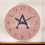 Rose Gold Navy Blue Sparkle Glitter Monogram Name Large Clock<br><div class="desc">Pink Rose Gold and Navy Blue Sparkle Glitter Monogram Name and Initial Serving Wall Clock. The Wall Clock makes the perfect gift for someone who loves pink sparkle glitter.</div>