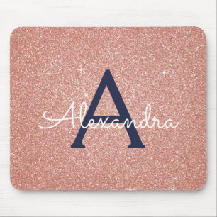 Rose Gold Navy Blue Sparkle Glitter Monogram Name Mouse Mat