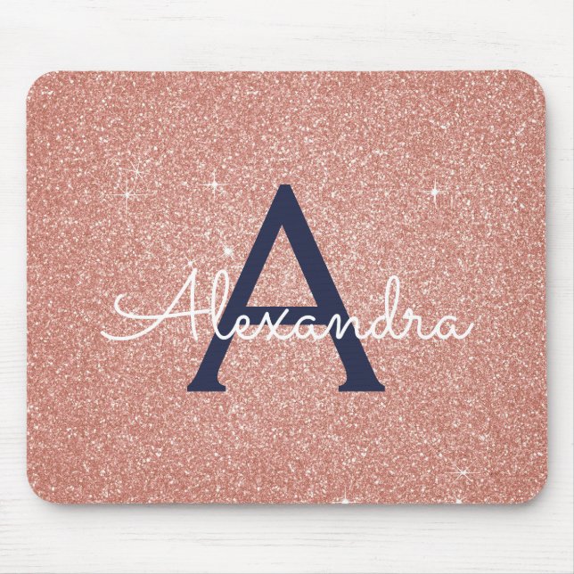 Rose Gold Navy Blue Sparkle Glitter Monogram Name Mouse Mat (Front)