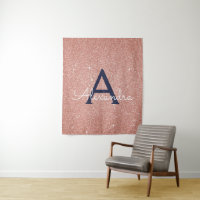 Rose Gold Navy Blue Sparkle Glitter Monogram