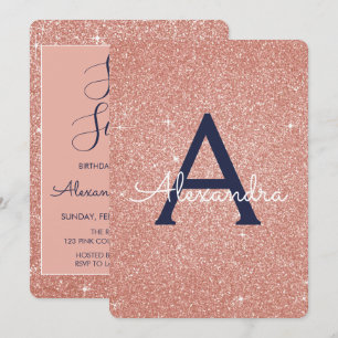 Rose Gold Navy Blue Sparkle Glitter Sweet 16 Invitation
