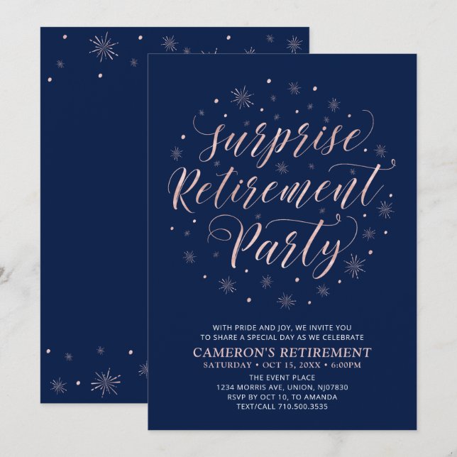 Rose gold & Navy Blue | Surprise Retirement Party Invitation (Front/Back)