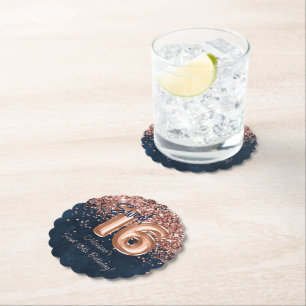 Rose Gold Navy Blue Sweet 16th Birthday Party Paper Coaster