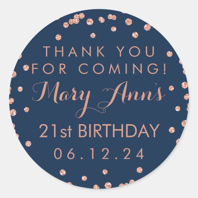 Rose Gold Navy Blue Thank You Birthday Confetti Classic Round Sticker (Front)