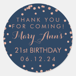 Rose Gold Navy Blue Thank You Birthday Confetti Classic Round Sticker