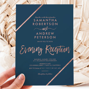 Rose gold navy blue typography evening wedding invitation