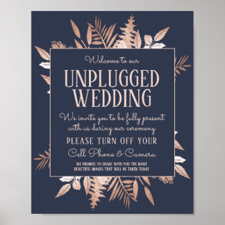 Rose Gold Navy Blue Unplugged Wedding Sign