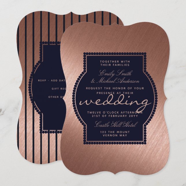 Rose Gold Navy Blue Wedding Invites Metallic (Front/Back)
