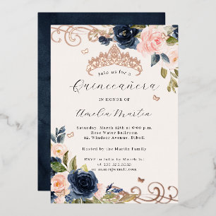 Rose Gold Navy Blush Floral Swirl Quinceanera