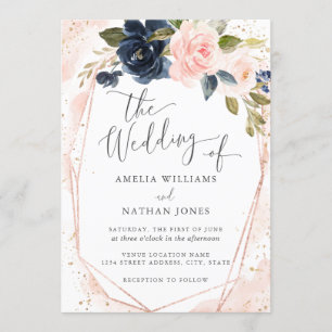 Rose Gold Navy Botanical Watercolor Wedding Invitation