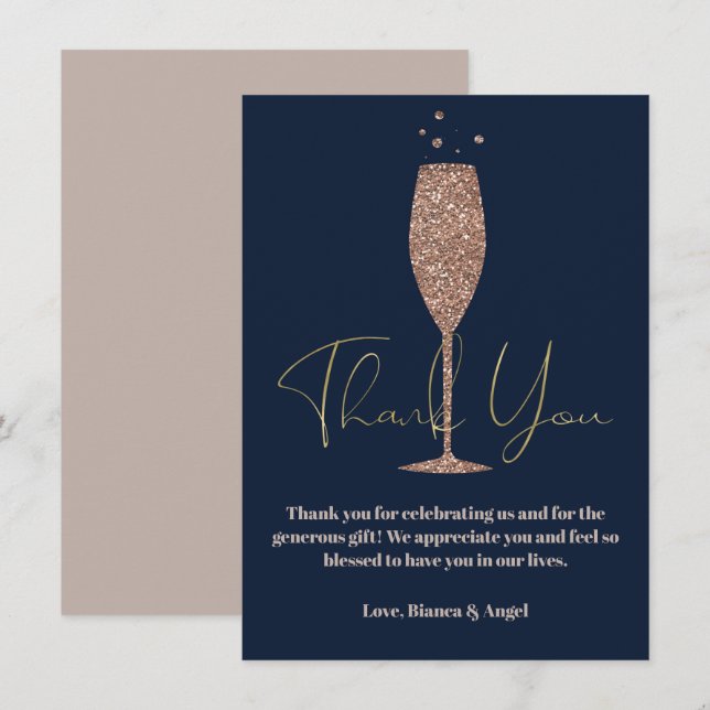 Rose Gold Navy Champagne Bubbly Bridal Thank You Invitation (Front/Back)