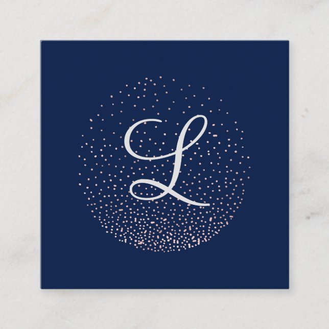 Rose Gold & Navy | Chic Minimalist Circle Monogram Square Business Card (Front)