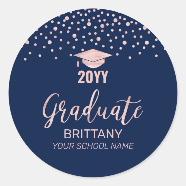 Rose Gold Navy Confetti Graduation Party Classic Round Sticker (Front)