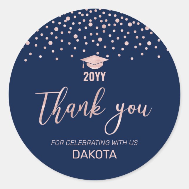 Rose Gold & Navy Confetti Graduation Party Favour Classic Round Sticker (Front)