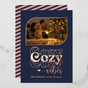 Rose Gold & Navy Cosy Vibes Retro Christmas Photo Foil Holiday Card
