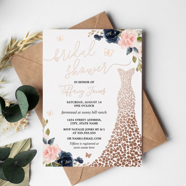 Rose Gold Navy Dress Bridal Shower Foil Invitation (Creator Uploaded)