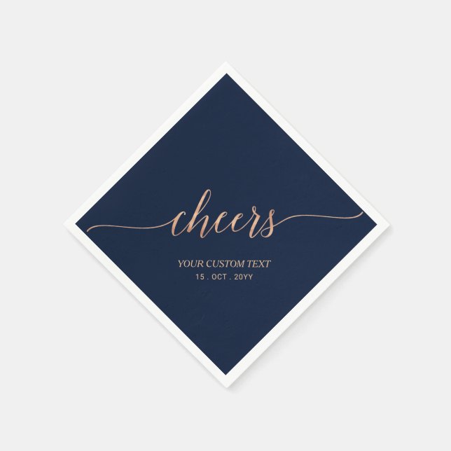 Rose Gold & Navy Elegant Stylish Lettering Cheers Napkin (Corner)