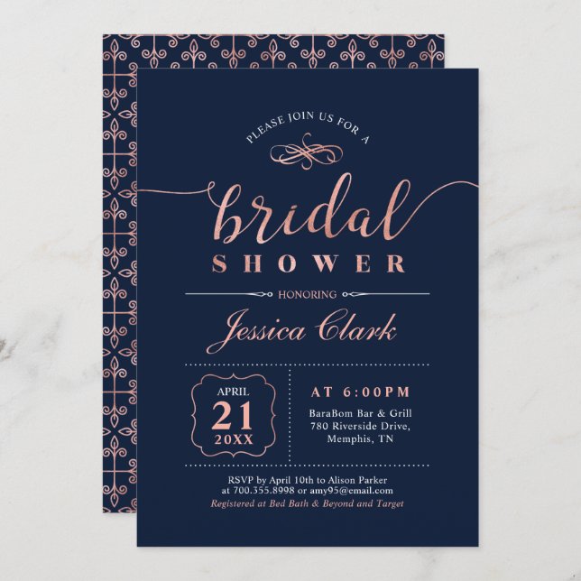 Rose Gold & Navy | Elegant Wedding Bridal Shower Invitation (Front/Back)
