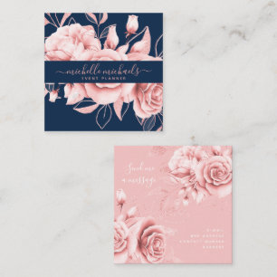 Rose Gold Navy Floral Watercolor Event Planner Square Business Card