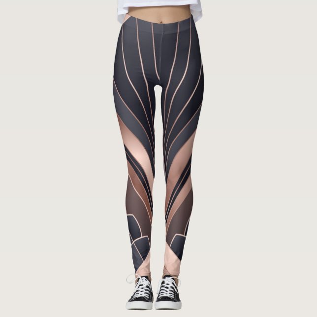 Rose Gold Navy Geometric Fan Neo Deco Art Leggings (Front)