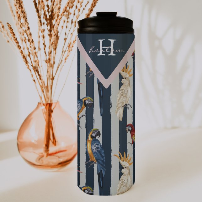 Rose Gold & Navy Geometric Tropical Birds Monogram Thermal Tumbler (Creator Uploaded)