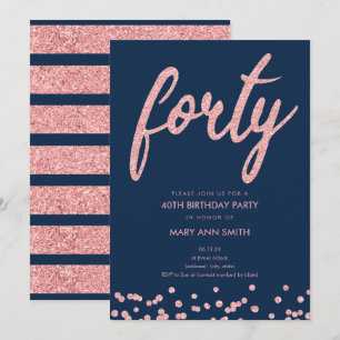 Rose Gold Navy Glitter 40th Birthday Party Invitation