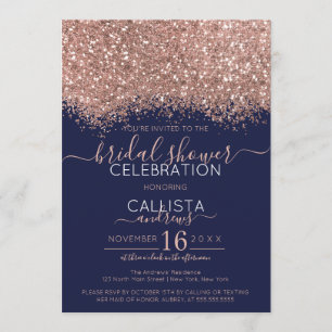 Rose Gold Navy Glitter Confetti Bridal Shower Invitation