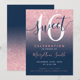 Rose Gold Navy Glitter Ombre 16th Birthday  Invitation