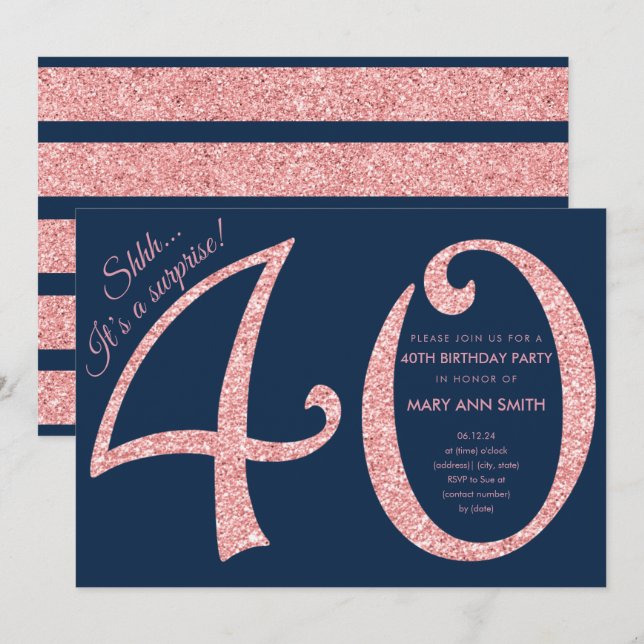 Rose Gold Navy Glitter Surprise 40th Birthday Invitation (Front/Back)