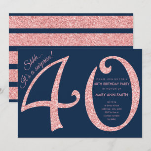 Rose Gold Navy Glitter Surprise 40th Birthday Invitation