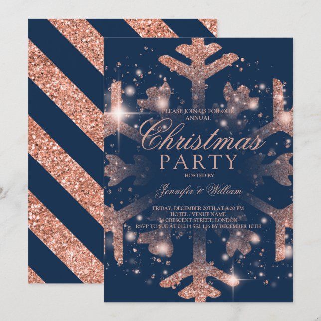 Rose Gold Navy Glitter Xmas Holiday Party Invitation (Front/Back)