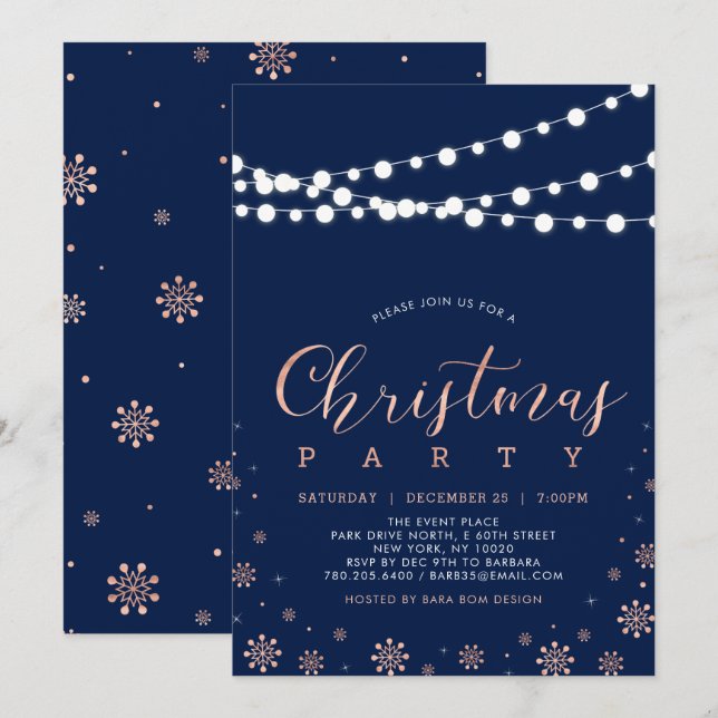Rose Gold & Navy | Modern Chic Christmas Party Invitation (Front/Back)