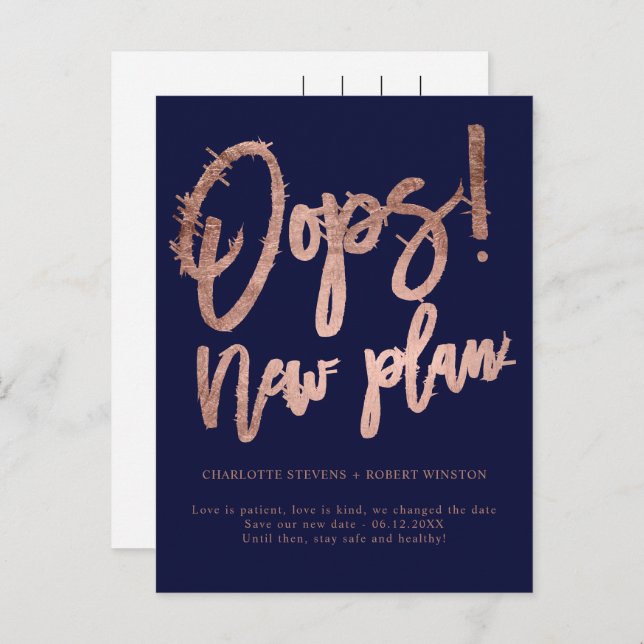 Rose gold navy new plan wedding change the date announcement postcard (Front/Back)