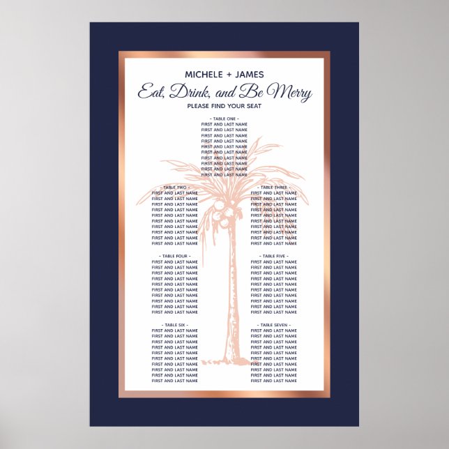 Rose Gold Navy Palm Tropical Wedding Seating Chart (Front)
